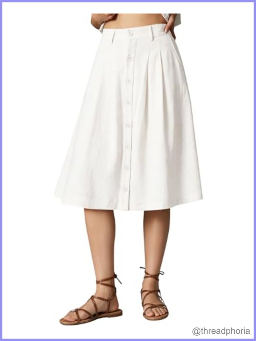 Linen Midi Skirt High Waisted Pleated A-Line Button Down with Pockets